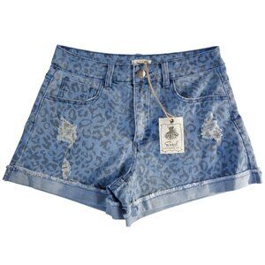 Easel Blue Leopard Animal Print Distressed Denim Jean Shorts Sz S Stretch Cuffed
